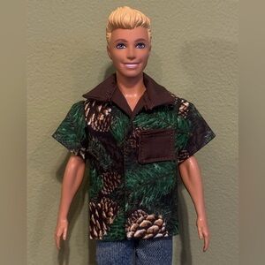 Handcrafted pinecone print doll shirt lined in dark brown